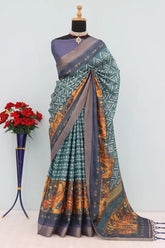 Mysore Silk Digital Print Grey Saree With Unstiched Blouse Piece-MPHMS-06-GREY